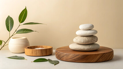 Serene Spa Setting Stacked Stones, Wooden Bowl, and Lush Greenery for Relaxation and Wellness