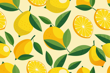 Seamless Pattern with Fresh Lemons and Green Leaves on Light Yellow Background