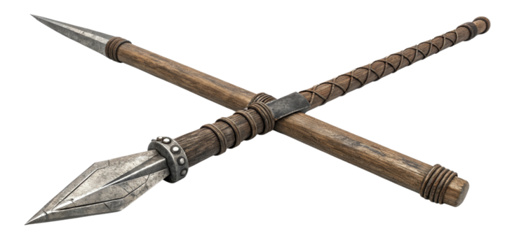 3D Rendered Wooden Spear, Crossed, Isolated on Transparent Background, Medieval Weapon, Game Asset, Weapon, Ancient - Powered by Adobe