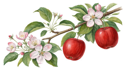 Apple Branch with Blossoms and Fruit, Watercolor Painting, Isolated on Transparent Background, Botanical Illustration, Apples, Watercolor, Floral