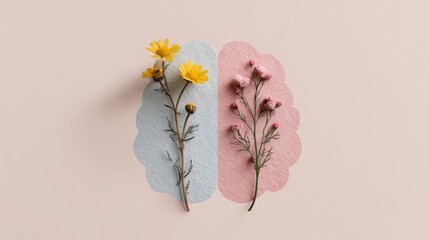 Two flowers, one yellow and one pink, are placed on a pink and blue background. The flowers are arranged in a way that they resemble the shape of a brain, with the yellow flower on the left