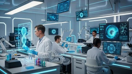 Scientists working with advanced technology, holographic DNA models, and digital microscopes in a futuristic laboratory. Genetic research and biotech innovation. - Powered by Adobe
