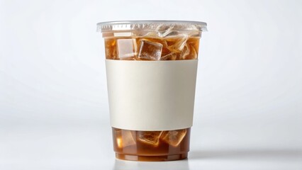Iced coffee cup mockup. Clear plastic cup filled with iced coffee and ice cubes, featuring a blank label for branding or customization.