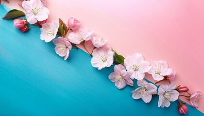a floral background with pink and white blossoms on a split blue and pink background