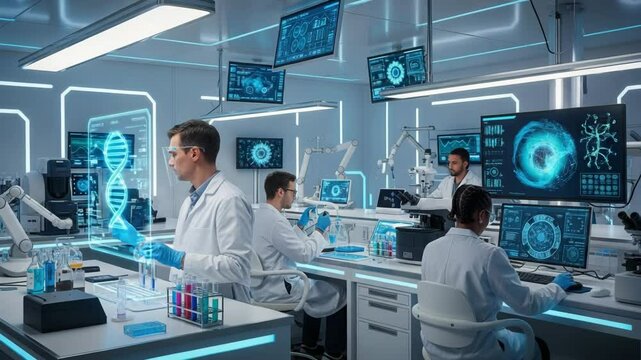 Scientists working with advanced technology, holographic DNA models, and digital microscopes in a futuristic laboratory. Genetic research and biotech innovation. - Powered by Adobe