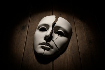 Cracked theatrical mask symbolizes drama and the complexities of performance art in a dimly lit atmosphere