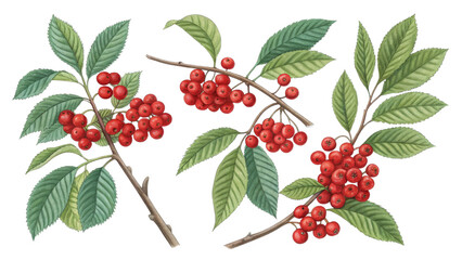 Botanical Illustration Red Berries and Green Leaves, Isolated on Transparent Background, Watercolor Style, Berry, Plant, Illustration