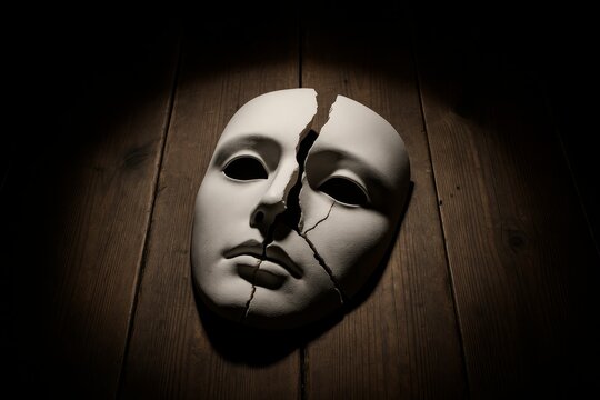 Cracked theatrical mask symbolizes drama and the complexities of performance art in a dimly lit atmosphere