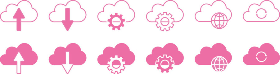 Cloud Icons Set - Purple  Flat and Line Vector for UI and Tech Design. Line Icons, Flat Icons.