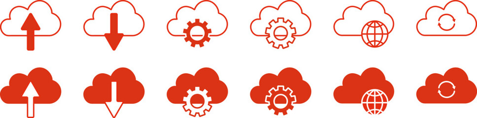 Cloud Icons Set - Red Flat and Line Vector for UI and Tech Design. Line Icons, Flat Icons.