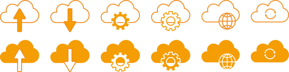 Cloud Icons Set - Orange Flat and Line Vector for UI and Tech Design. Line Icons, Flat Icons.