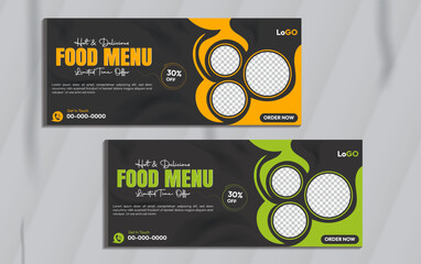  Fast food restaurant menu social media marketing web banner template design. Pizza, burger healthy food business online promotion flyer with abstract background, logo icon. Sale cover with mockup