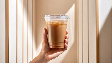 Iced coffee cup mockup. A hand holding a clear iced coffee cup in front of a textured, neutral-colored wall, emphasizing a modern and refreshing beverage.
