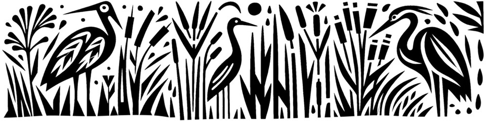 Hand‑Drawn Heron and Grass Illustration, Tribal Wetland Folk Art Pattern Vector for Wildlife and Nature Adventure Themes Design