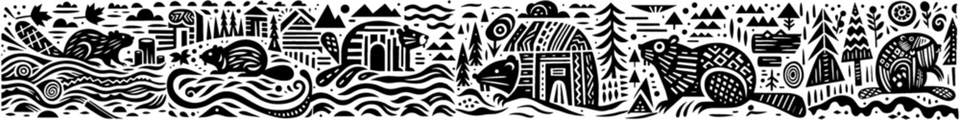Hand‑Drawn Beaver Illustration, Tribal River Folk Art Pattern Vector for Wildlife and Forest Adventure Themes Design