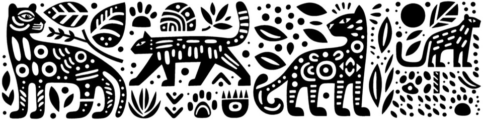 Hand‑Drawn Jaguar Illustration, Tribal Jungle Folk Art Pattern Vector for Wildlife and Adventure Themes Design