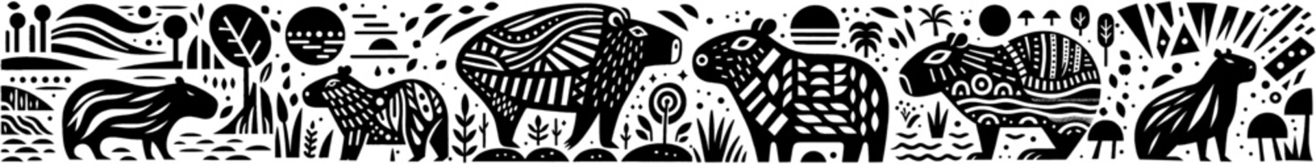 Hand‑Drawn Capybara Illustration, Tribal Animal Folk Art Pattern Vector for Wildlife and Nature-Inspired Theme Designs