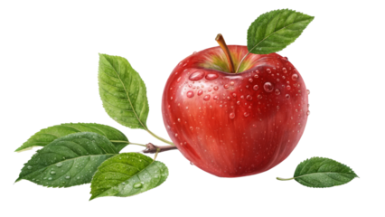 Digital Painting of Red Apple with Leaves, Isolated on Transparent Background, fruit, illustration, nature, apple, digital art, clipart