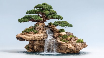 Miniature rocky island with bonsai tree and waterfall surrounded by water on light background zen scene