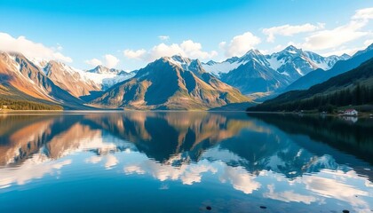 Serene mountain lake reflecting majestic peaks, tranquil waters,  peaceful,  dawn