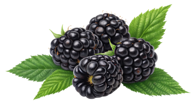 Four Blackberries with Leaves, Isolated on Transparent Background, Digital Illustration, Fresh Fruit, Blackberry, Fruit, Graphic