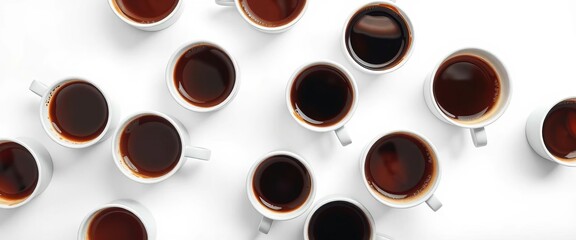 Obraz premium Several coffee cups viewed from directly above, isolated on a pure white background, overhead, cappuccino