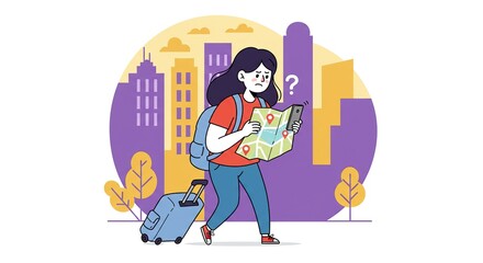 Confused Female Tourist with Map and Luggage in City - Cartoon illustration depicting travel challenges, navigating unfamiliar places, or feeling lost in an urban environment.