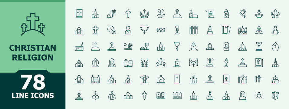 Christian Religion icon set. Contains such symbols as religion, easter, christian, prayer, christ, spirit and more. Pray icon set. Minimalist icons pack. Editable stroke. Pixel Perfect.