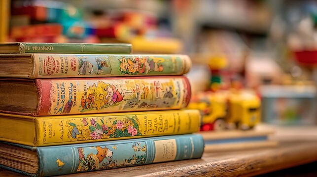 Stack of colorful vintage children's books, perfect for a nostalgic or educational theme. A close-up of a stack of vintage children's books, featuring vibrant illustrations and a variety of colors.