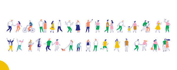 Colorful vector set of diverse people in motion - couples, families, friends, pets, and cyclists. Modern illustration for lifestyle, business, city scenes, and creative projects