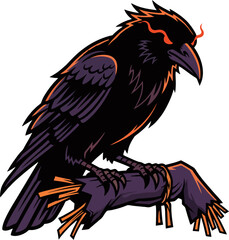 Mystical Evil Crow with Glowing Red Eyes on Scarecrow Arm – Vector Illustration for Halloween and Gothic Art