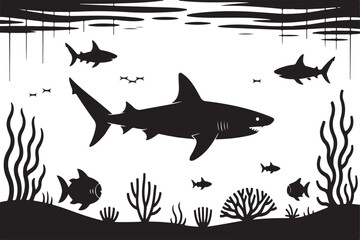 Black and White Shark Silhouette Underwater Scene Ocean Life Marine Animals Coral Reef Illustration
