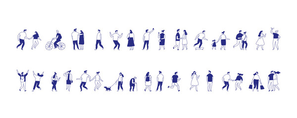 Flat vector illustration of people in everyday urban lifestyle — walking, talking, shopping, cycling. Minimal stylized characters perfect for editorial design, UI concepts, and marketing visuals.