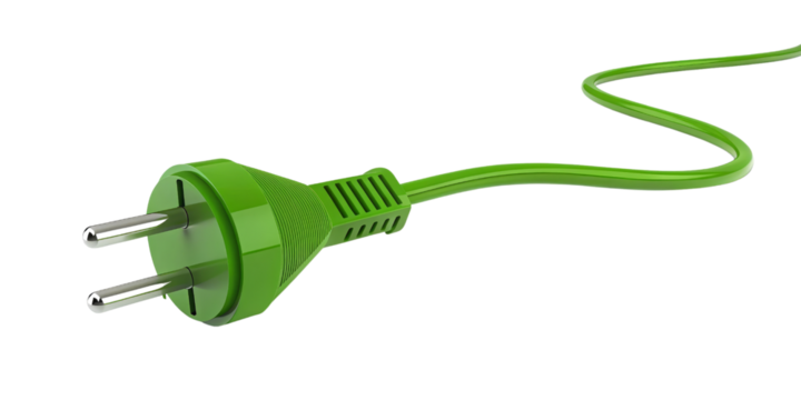 Green Electric Plug, 3D Render, Isolated on Transparent Background, Energy Efficiency, Electric cord, Power, Green energy