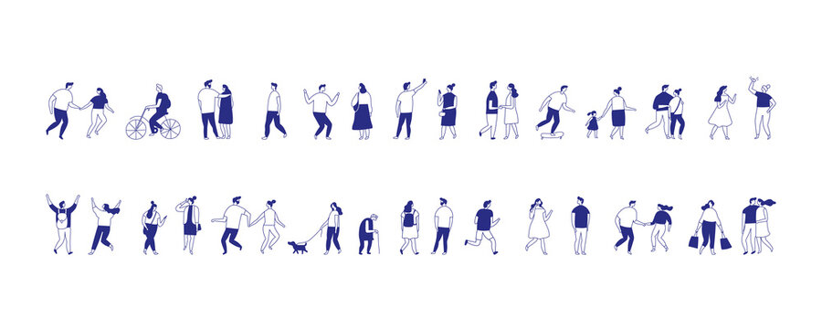 Flat vector illustration of people in everyday urban lifestyle — walking, talking, shopping, cycling. Minimal stylized characters perfect for editorial design, UI concepts, and marketing visuals.