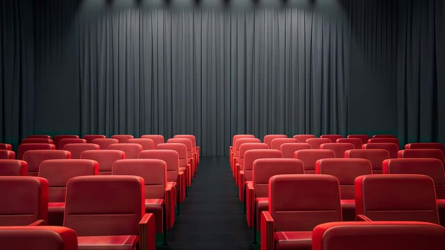 Soft lighting highlights red seating in an empty theater, creating a calm and inviting atmosphere before the performance begins