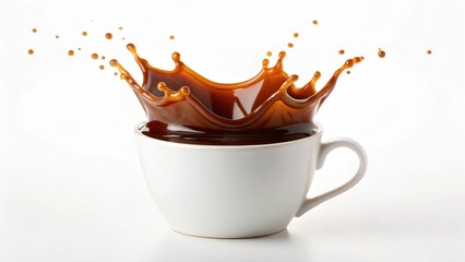 Dynamic Coffee Splash: Rich Brown Liquid Exploding into a White Cup, Energetic and Refreshing.