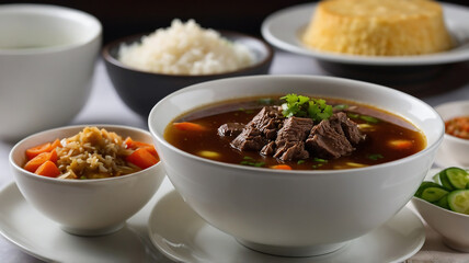Traditional Indonesian rawon beef soup served in a white bowl with steamed rice, vegetables, and garnish on restaurant table setup.
