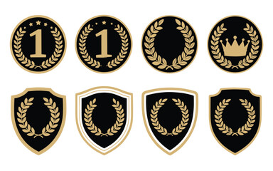 Naklejka premium Gold Laurel Award and Shield Badge Icons in Black Vector Style