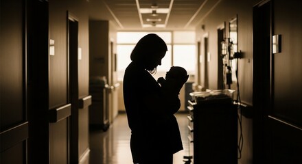New parent holding the baby in a dim-lit hospital corridor, backlit silhouette