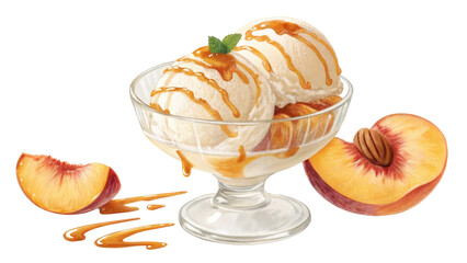 Peach Ice Cream Sundae with Caramel Sauce, Digital Painting, Isolated on Transparent Background, Dessert, Illustration, Sweet