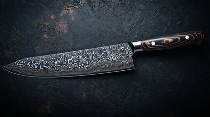 Chef's knife on dark stone surface