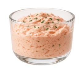 A small glass vessel containing a delicate crab mousse, suitable for a seaside cottage luncheon.