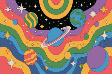 Retro Rainbow Space Scene Planets Stars Galaxy Colorful Swirling Pattern Background Illustration