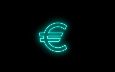 Neon glowing cyan color european euro currency icon on black background. Neon bright lighting euro line icon. Neon euro 3D icon on black background.