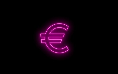 Neon glowing purple  color european euro currency icon on black background. Neon bright lighting euro line icon. Neon euro 3D icon on black background.