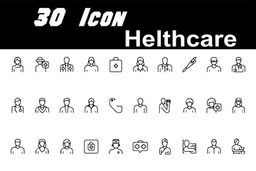 Thirty Black and White Healthcare Icons Set Medical Professionals Doctors Nurses First Aid Kit