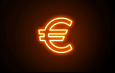 Neon glowing orange color european euro currency icon on black background. Neon bright lighting euro line icon. Neon euro 3D icon on black background.