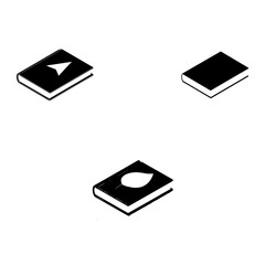 Three Isometric Black Books with Navigation Arrow Leaf and Blank Cover Designs white
