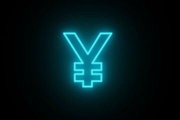 Obraz premium Neon glowing cyan color japanese yen icon on black background. Neon yen icon. Yen sign icon outline.